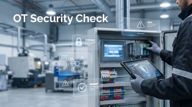 Industrial worker checks operational technology security on tablet