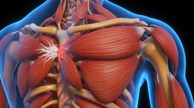 Anatomical Illustration of Human Chest Muscles: A detailed, scientifically accurate 3D render showcasing the intricate musculature of the human chest.