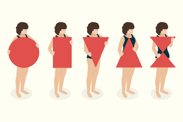 Fototapeta premium Women showing different body shapes. Female body types: a triangle, a rectangle, an hourglass, a circle, an inverted triangle. Vector isometric illustration.