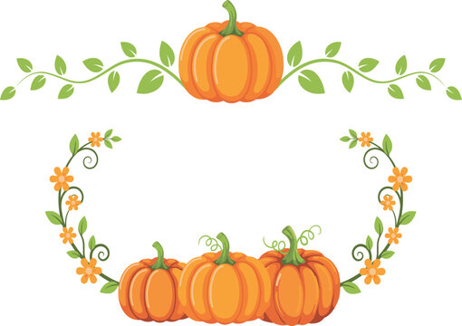 Thanksgiving decorative elements collection featuring cartoon orange pumpkins curly vine borders and floral wreath frame isolated on white background