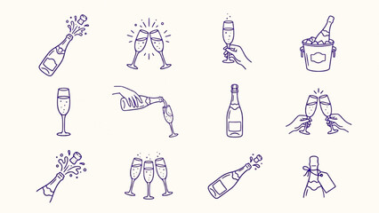 Collection of blue line art champagne celebration icons showing pouring wine and toasting flutes for party graphics and festive event design projects isolated on white background. © SWEET