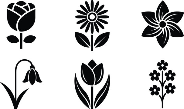 Black Flower Silhouette Icon Set Featuring Rose, Daisy, Tulip, Lily, and Snowdrop Graphic Elements for Digital Interface, Web Designs, and Decorative Pattern Branding Layouts