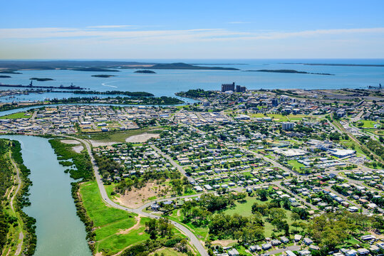 View of Gladstone city and harbour looking towards Curtis Island