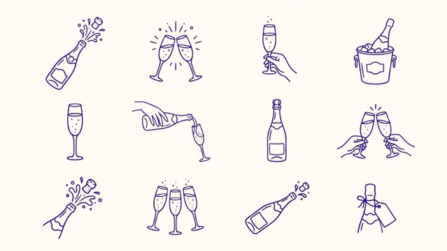 Collection of blue line art champagne celebration icons showing pouring wine and toasting flutes for party graphics and festive event design projects isolated on white background.