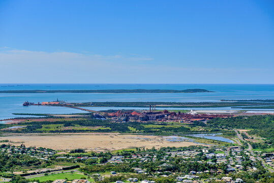 Aerial view of alumina refinery in Gladstone, looking towards Facing Island