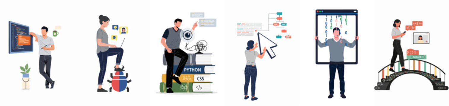 Vector illustration collection showing software developers, programmers, and engineers working on coding, debugging, learning, and digital technology concepts in flat design style.