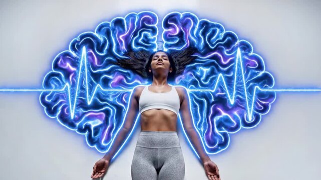 A woman in athletic wear stands in front of a brain-shaped neon art piece