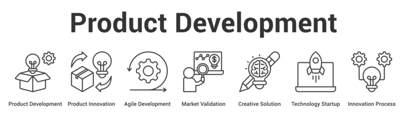 Product Development web banner icon set vector illustration concept for business with icon of Product Development, Product Innovation, Agile Development, Market Validation, Creative Solution, Technol.