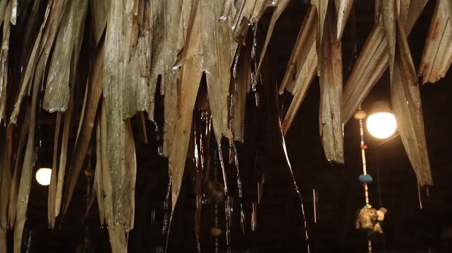 Palm leaf roof water drip rain wet tropical shelter rustic natural brown texture with handmade eco friendly organic ceiling, dried palm leaves, thatched roof, straw, moisture, night illumination