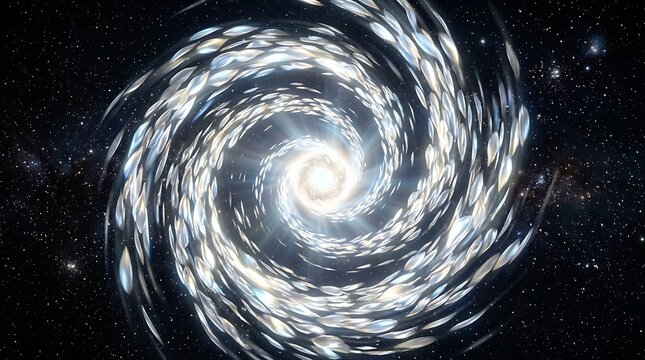 Glowing white light particles form a beautiful swirling spiral vortex in deep space creating a dynamic sense of motion and infinite energy within the dark cosmos.