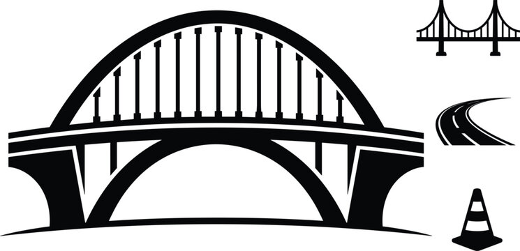 Bridge and Road Infrastructure Vector Icon Set Featuring Arch Bridge Suspension Bridge Highway Road and Traffic Cone Symbols for Construction Graphic Design