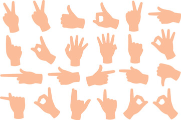Fototapeta premium Hand gestures vector illustration bundle with cartoon human palms signaling thumbs up ok peace and pointing isolated on white backgroundHand gestures vector illustration bundle with cartoon human palm
