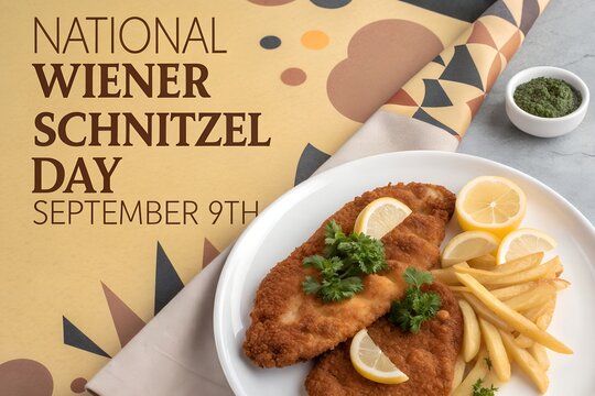 Crispy golden fried wiener schnitzel served on a white plate with fresh lemon slices and salty french fries for national wiener schnitzel day celebration on a stylized patterned table background