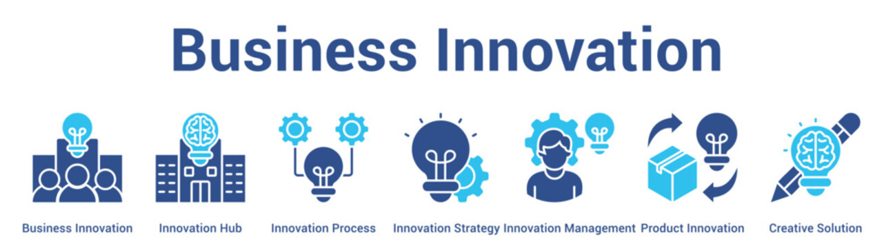 Business Innovation web banner icon vector illustration concept for business with icon of Business Innovation, Innovation Hub, Innovation Process, Innovation Strategy, Innovation Management, Product.