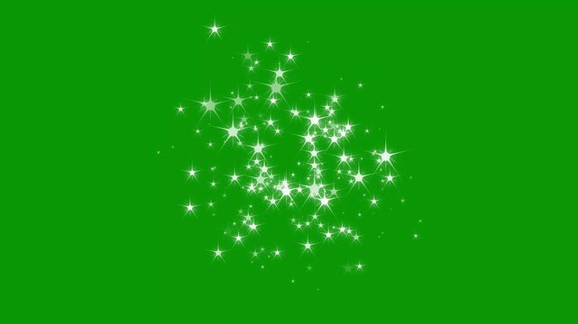 Glitter star sparkling light effect motion graphics in After Effects on green screen background, white cartoon blinking stars with luminous glow trails and smooth animation