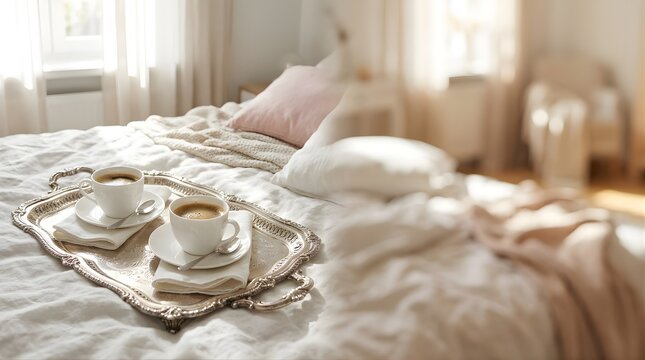 Two cups of hot coffee on a vintage silver tray on a white bed sheet
