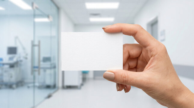 Female hand holding blank card with copy space in clinic, bone scan appointment, women's health 40+