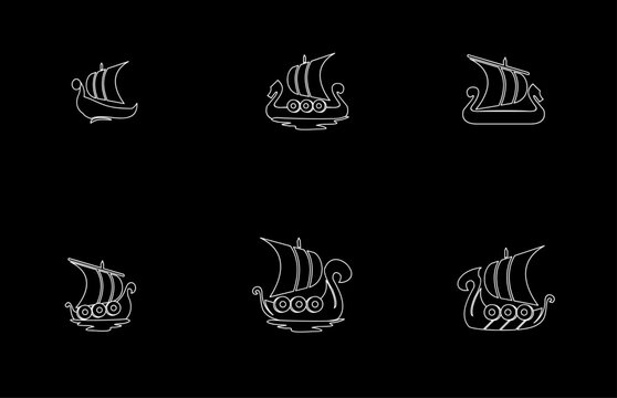 Viking Ship Line Art Icons Set. Minimalist Outline Drawings of Ancient Norse Longships and Drakkar Boats. Historical Watercraft Vector Illustration.