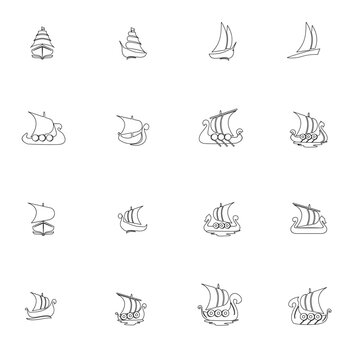 Ship Icons Set. Outline Vector Illustrations of Sailing Boats and Viking Longships for Marine Transport and Travel Designs.