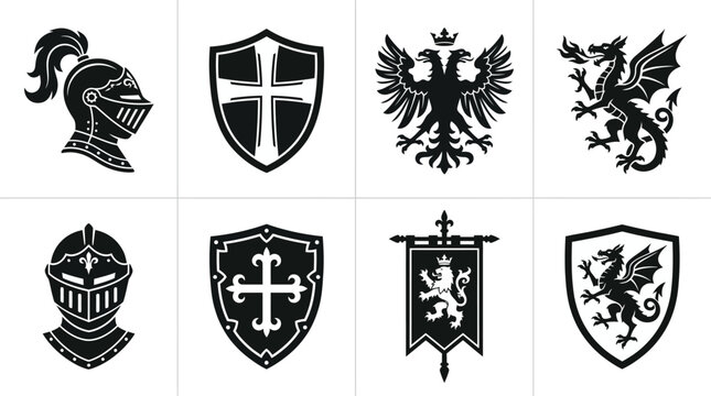 Collection of medieval heraldry icons featuring knight helmets, shields with crosses, a double-headed eagle, a fire-breathing dragon, and a royal banner with a lion silhouette on white background.