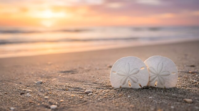 Two white sand dollars on a sandy beach shore during a golden sunset
