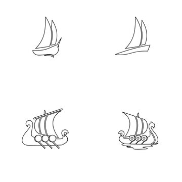 Line Art Boat Icons Collection: Modern Sailboats and Traditional Viking Longships Vector Illustration Set