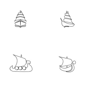 Sailing Ships and Boats Line Art Icons Set. Minimalist Outline Vector Illustrations of Historical Vessels for Travel and Maritime Themes.