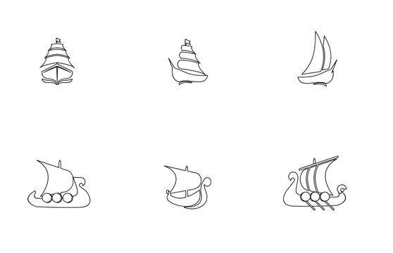 Continuous one line drawing collection of various ships and boats, including sailboats, tall ships, and Viking longships, nautical transportation concept.