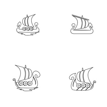 Viking Longship Outline Icon Set Vector Illustration. Collection of Historical Norse Ships for Design Projects
