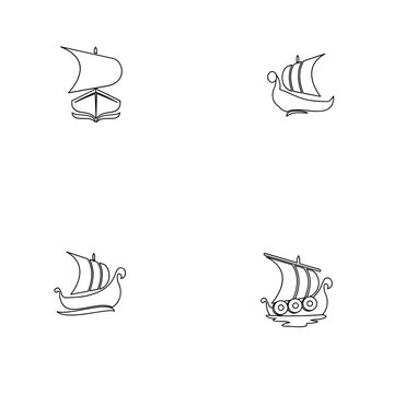 Continuous Line Art Illustration Set of Sailing Ships and Viking Longships on White Background