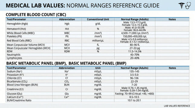 Medical blood test reference guide for lab value normal ranges