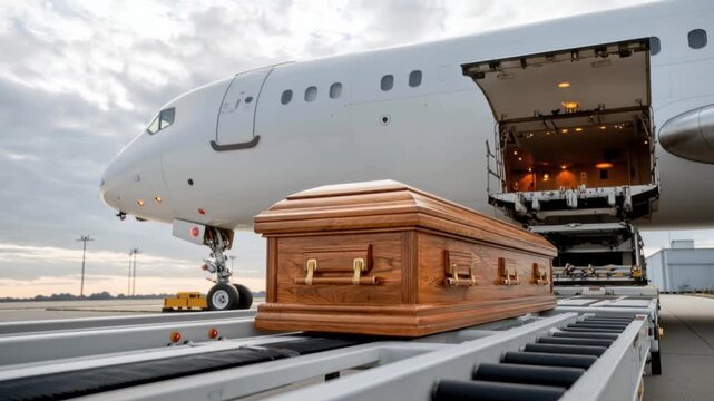 Wooden coffin with brass handles being loaded onto airplane conveyor belt under cloudy sky for transportation at airport logistics terminal