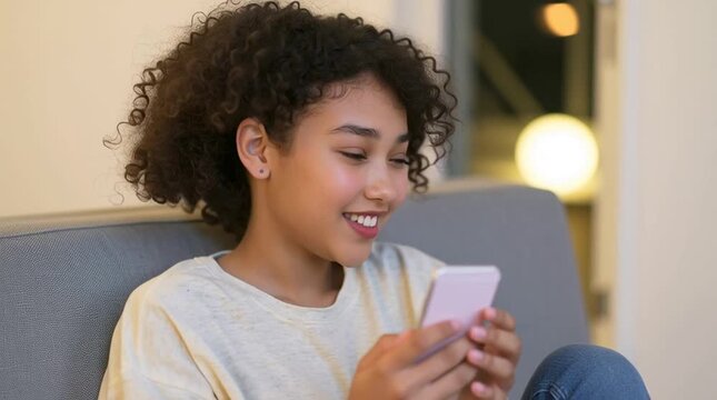 Curly light Brown teen in puberty period is chatting on the dating app. Generation Z is very active on social media