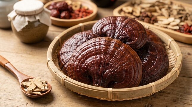 Dried Lingzhi mushrooms in basket with traditional Chinese herbs