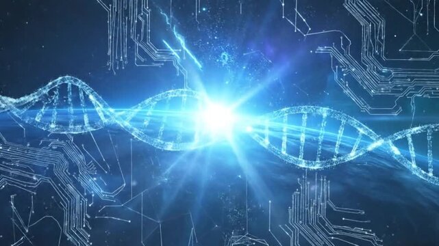 A glowing digital double helix structure floats in deep space