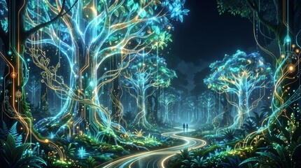 Fototapeta premium A breathtaking view of an enchanted forest at night, where ancient trees glow with vibrant bioluminescent light, illuminating a winding path leading into the mystical depths.