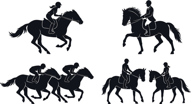 Equestrian Horse Riding Silhouette Vector Set Featuring Dressage Show Jumping Racing Jockeys and Leisure Riders for Championship Logo and Graphic Designs