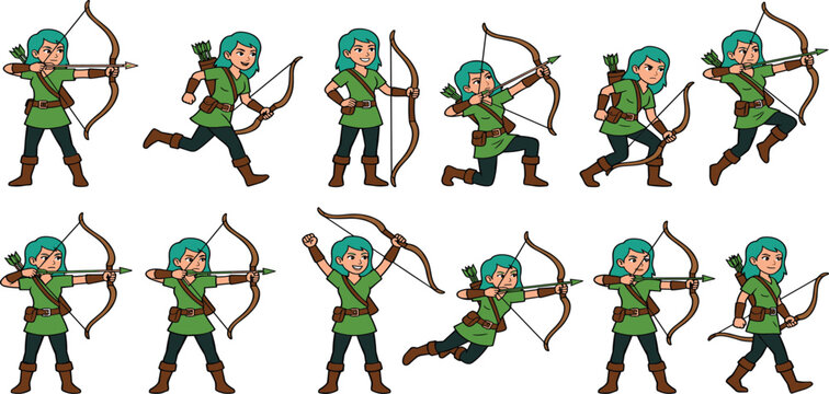 Female archer character sprite sheet vector set featuring medieval woman warrior elf with bow isolated on white background