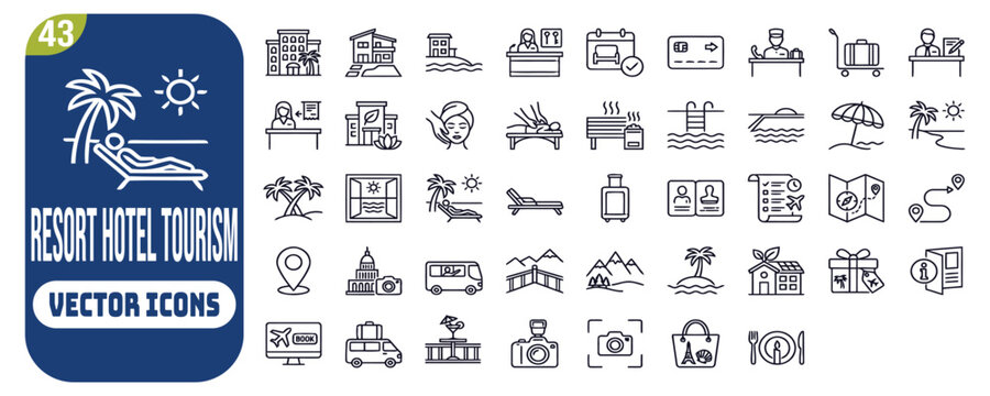 Resort Hotel web icons in line style. Wellness, beach, tourism, hotel, passport, maps, spa, landscape, camera. Icon collection. Vector illustration.