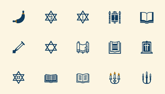 Collection of Jewish religious symbols and icons, including Star of David, Torah scrolls, menorah, and other sacred elements, presented in a minimalist style.