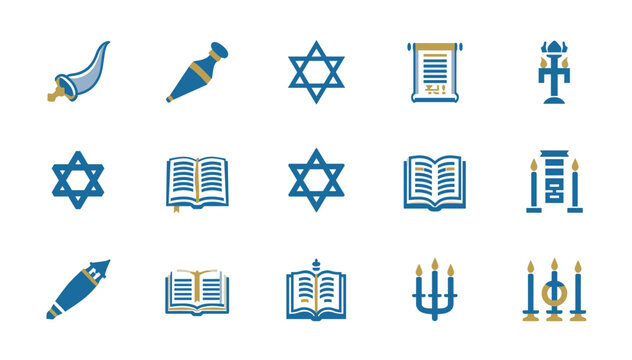 Collection of Jewish religious symbols and icons including Star of David, menorah, shofar, Torah scrolls, and prayer books in blue and gold.