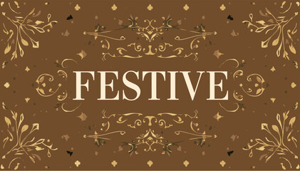 Fototapeta premium Elegant festive banner with golden ornate scrollwork and decorative patterns on a rich brown background.