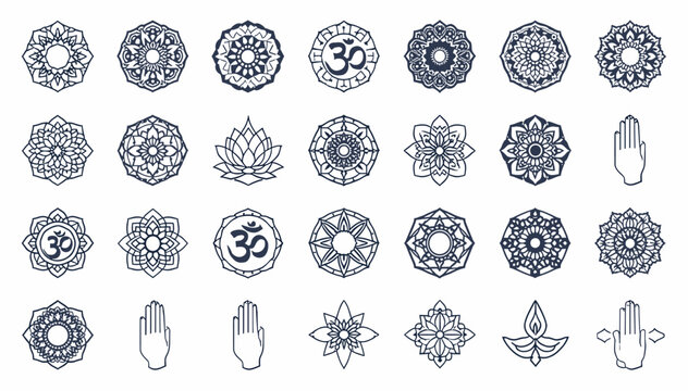 Collection of spiritual and decorative symbols including mandalas, Om signs, lotus flowers, and Hamsa hands in line art style.