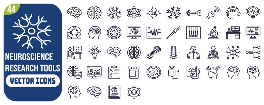 Neuroscience research tools: brain diagram, neuron cell, eeg headset, mri scanner, synapse connection, lab computer analysis, electrode probe, brain scan monitor.