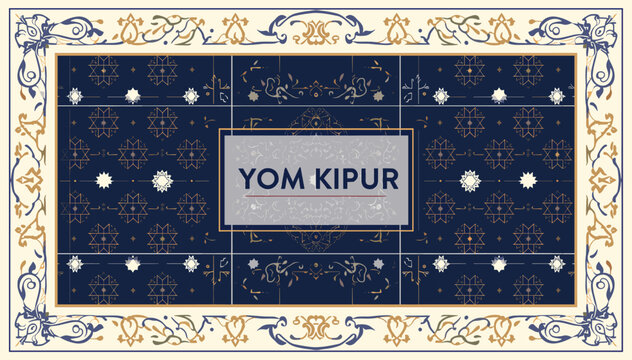 Ornate Yom Kippur greeting card design with traditional patterns and a decorative border in blue, gold, and cream colors, featuring the holiday name.