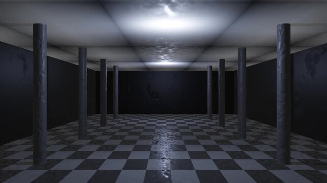 Moving Forward Through Dark Symmetrical Corridor With Pillars and Checkered Floor Perspective