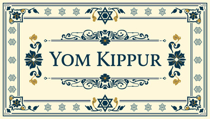 Ornate Yom Kippur banner with traditional Jewish decorative elements, including Stars of David, floral motifs, and elegant blue and gold accents on a cream background. © Uchiha