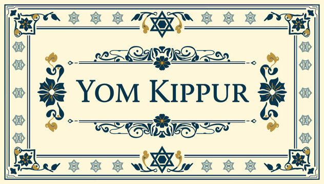 Ornate Yom Kippur banner with traditional Jewish decorative elements, including Stars of David, floral motifs, and elegant blue and gold accents on a cream background.