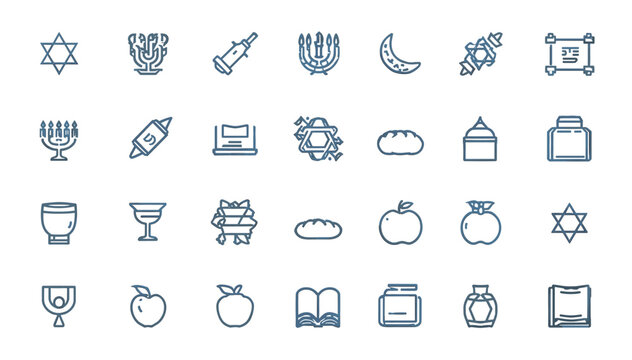 A comprehensive collection of Jewish holiday and cultural icons, featuring menorahs, Stars of David, challah, and other religious symbols in blue line art.
