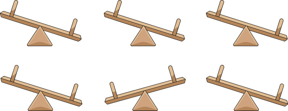 Wooden seesaw vector illustration set featuring tilted playground teeter totter icons isolated on white background for kids designWooden seesaw vector illustration set featuring tilted playground teet